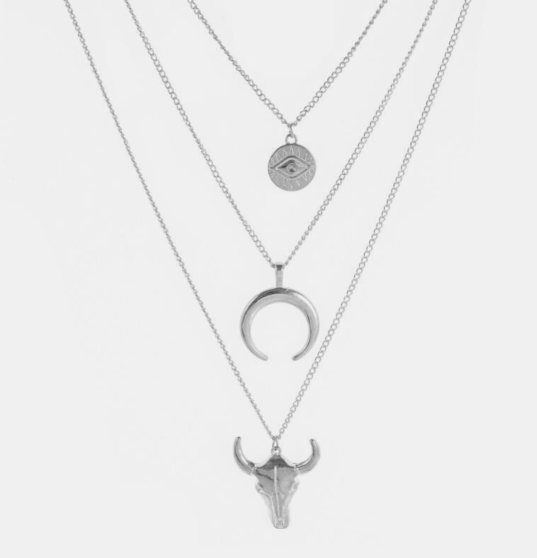 Alloy Three-Layered Bull Head Pendant Necklace