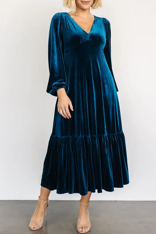 V-Neck Long Sleeve Midi Velvet Dress