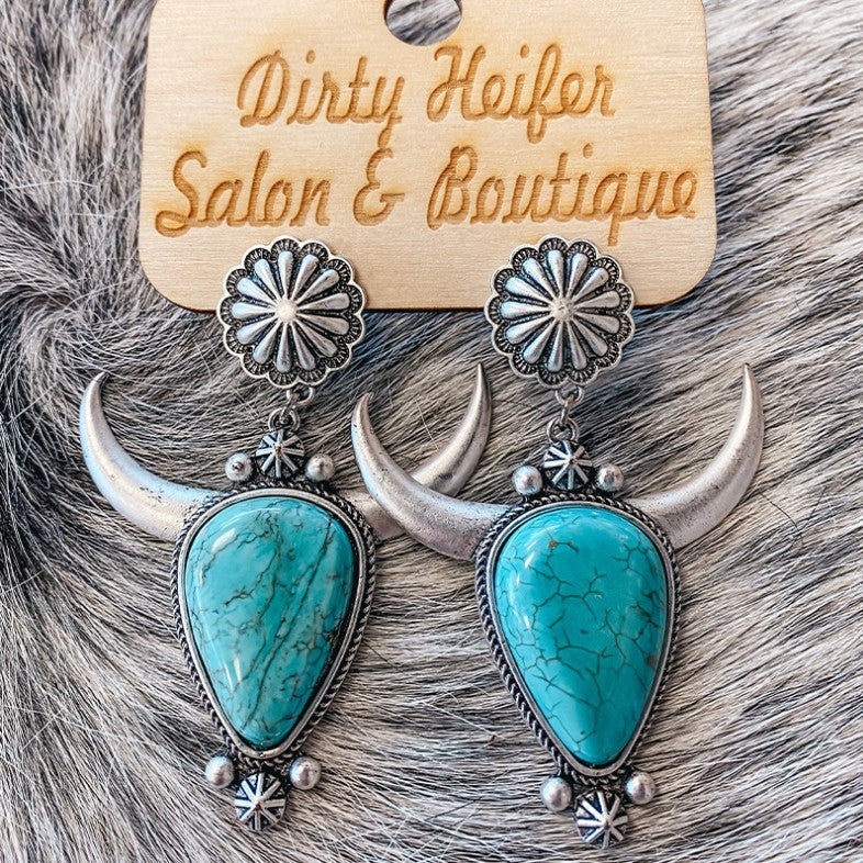 Artificial Turquoise Alloy Cow Head Earrings