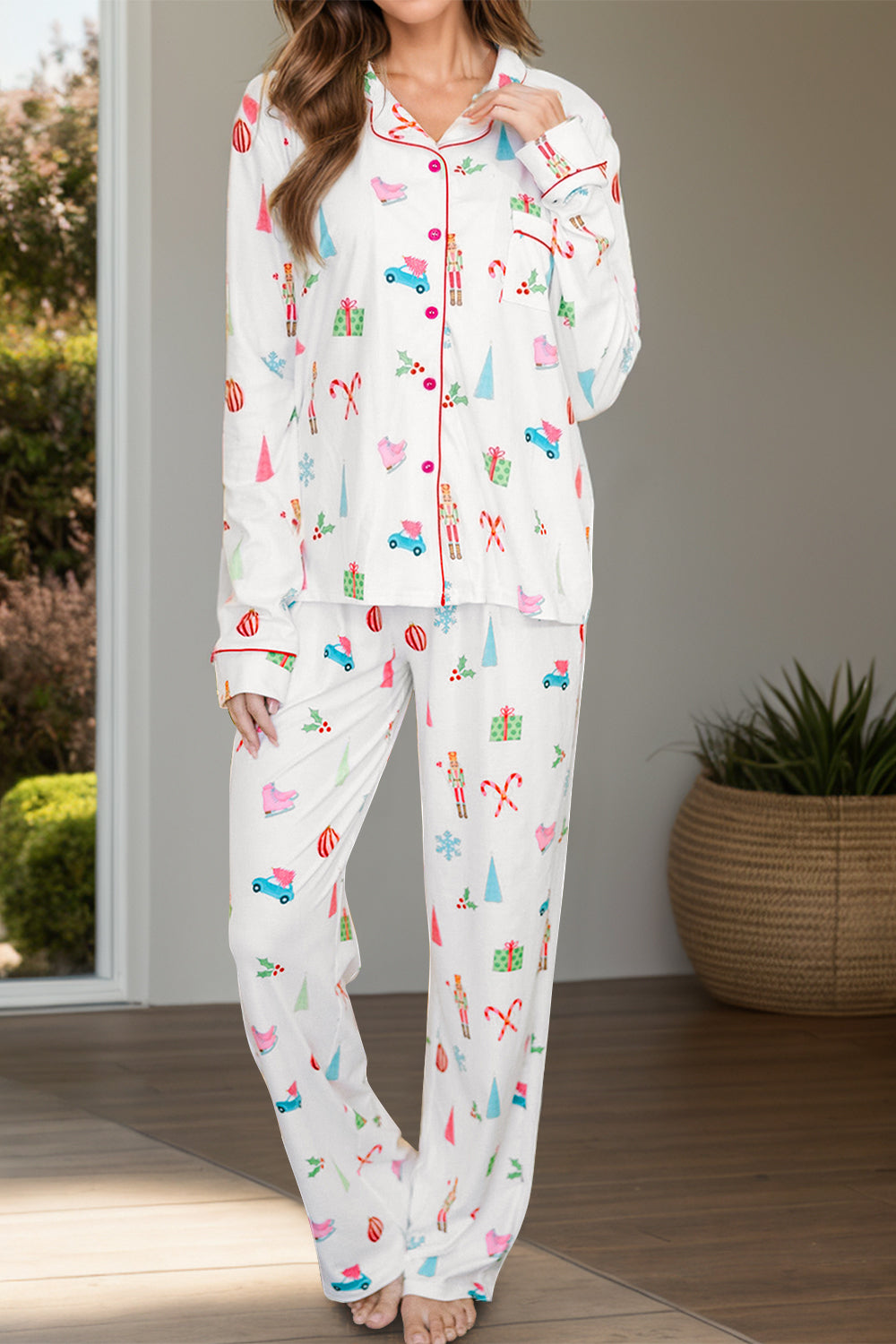 Printed Collared Neck Long Sleeve Top and Pants Lounge Set