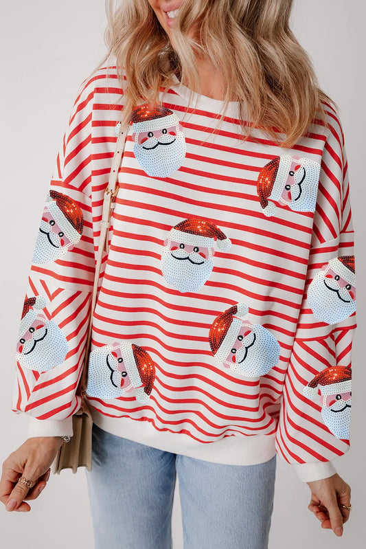 Sequin Santa Striped Round Neck Long Sleeve Sweatshirt