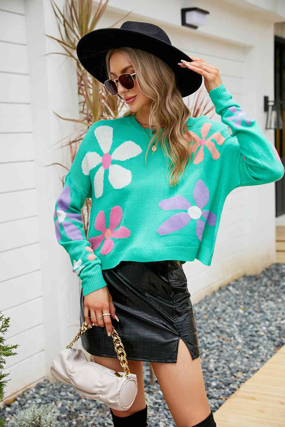 Flower Round Neck Drop Shoulder Sweater