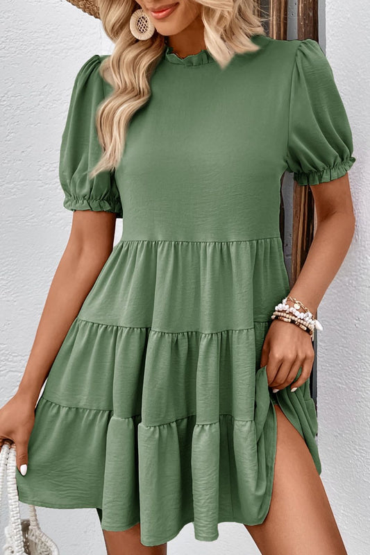 Puff Sleeve Tie Back Tiered Dress