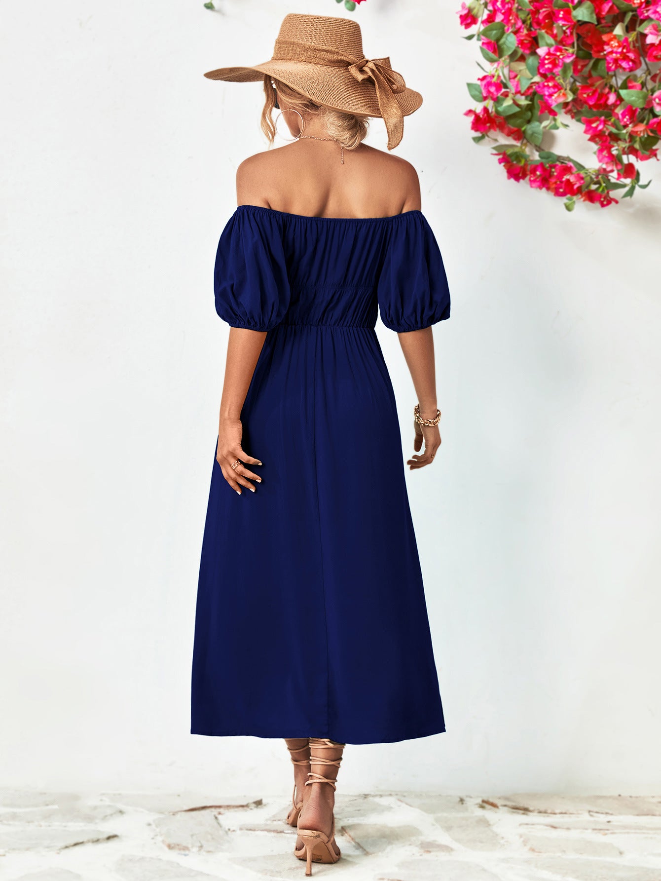 Off-Shoulder Balloon Sleeve Midi Dress