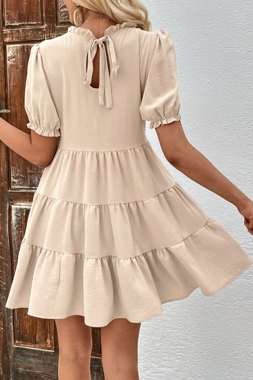 Puff Sleeve Tie Back Tiered Dress