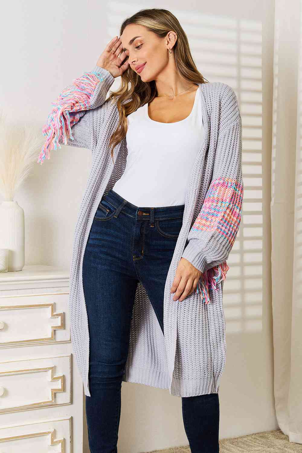 Woven Right Fringe Sleeve Dropped Shoulder Cardigan