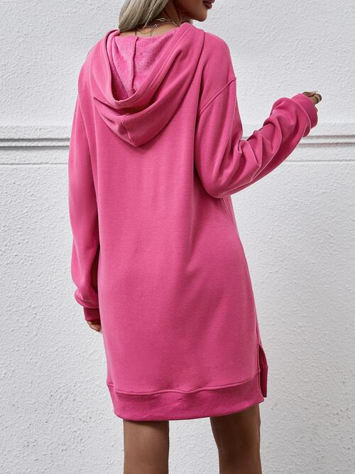 Slit Long Sleeve Hooded Dress with Pocket